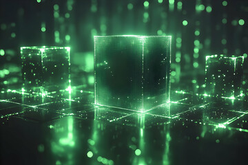 A digital scene featuring glowing green cubes amidst a matrix-like backdrop.