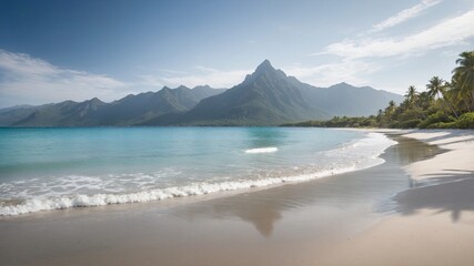 Calm beach with gentle waves and mountains in the background on a sunny day