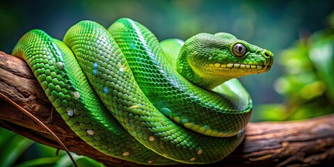 Obraz premium A close-up photo of a vibrant green snake coiled on a tree branch , reptile, wildlife, nature, serpent, slither, scales