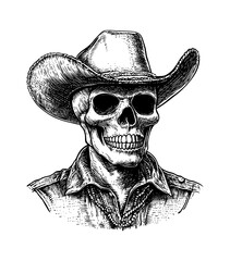 Fototapeta premium cowboy hat skull engraving black and white outline