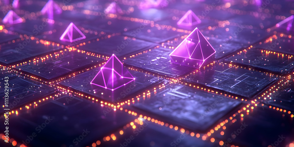 Poster a digital landscape featuring glowing pyramids on a circuit-like surface.