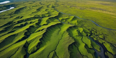 Breathtaking aerial view of lush green landscapes in Iceland during summer