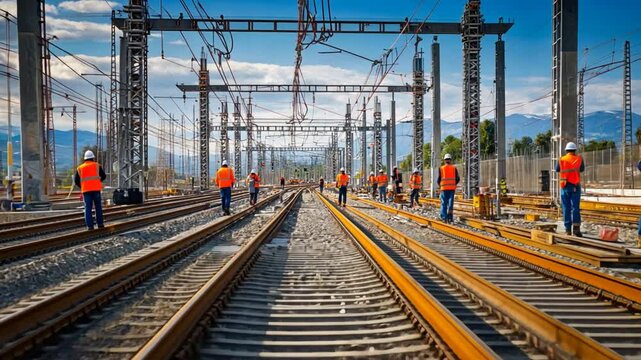 A large construction team installs electrical wiring along the high-speed railway tracks, preparing the system for electrification and high-speed train operation.