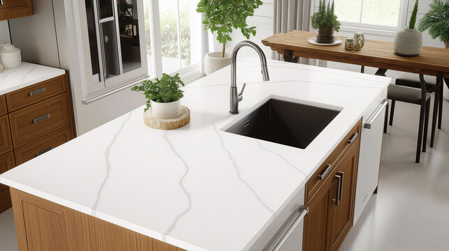 Modern kitchen featuring a sleek corian countertop with a black sink and natural light enhancing the warm wood accents
