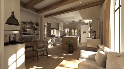Obraz premium Sunlit Modern Farmhouse Kitchen and Living Area Design