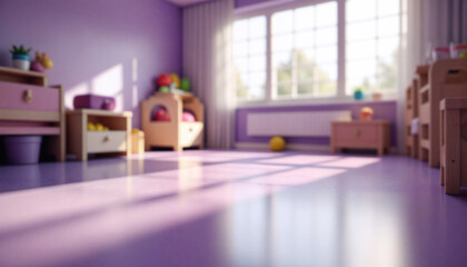 An empty wooden floor against a fuzzy background of a purple kindergarten or child's room. An empty wooden table. Wood desck. Blurred background. Blue children's room with large window. Bg violet