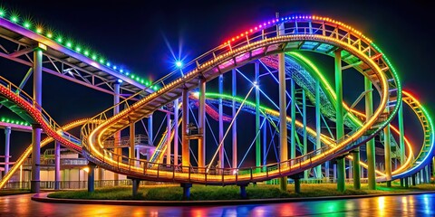 Obraz premium Roller coaster illuminated by colorful lights at night, amusement park, thrill ride, exciting, dark sky, evening