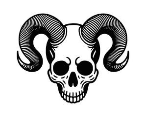 Naklejka premium skull horn engraving black and white outline