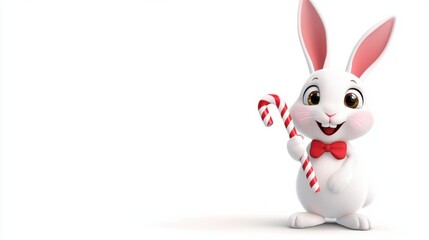 Obraz premium Cheerful Cartoon Rabbit Holding Candy Cane in Winter Holiday Scene