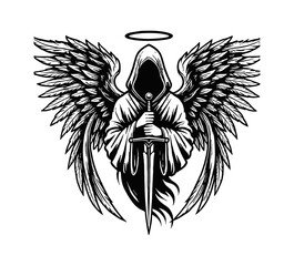 Obraz premium skull wing angel death sword engraving black and white outline