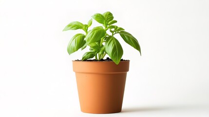 Fototapeta premium A vibrant basil plant in a terracotta pot against a clean white background.