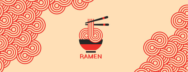 Vector ramen noodles banner template. Background with pasta seamless pattern. Spaghetti or oriental asian food texture with lines geometric ornaments. Poster with italian macaroni or chinese meal