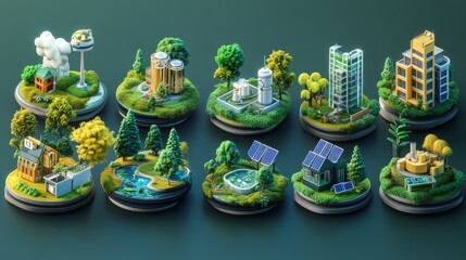 A colorful display of miniature landscapes featuring eco-friendly buildings, greenery, and renewable energy sources, showcasing sustainable urban design.