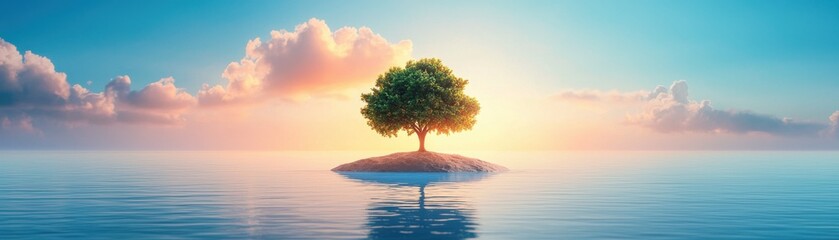 Serenity at Dusk: A Single Tree Standing on an Island Surrounded by Calm Water and Gentle Cloudy Sky