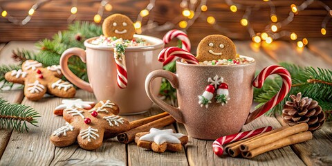 Cozy winter scene with two mugs of hot chocolate, gingerbread cookies, and candy canes , hot chocolate, cozy