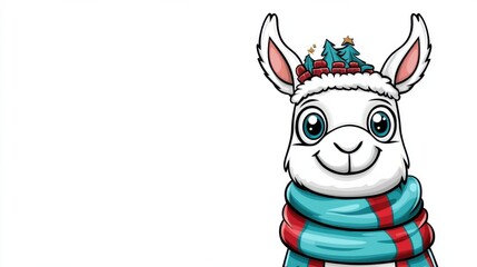 Naklejka premium Adorable Cartoon Llama or Alpaca in Winter Outfit with Wreath