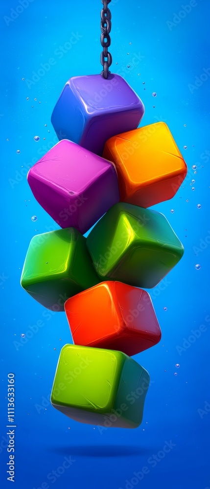Poster colorful stack of cubes hanging from a chain. the cubes are of different colors and sizes, and they 