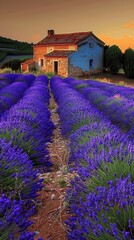Beautiful Lavender Fields with Rustic Blue House at Sunrise