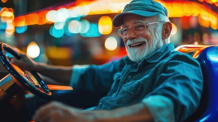 Obraz premium Joyful Senior Citizen Enjoying a Night at the Amusement Park