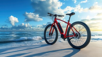 Red Electric Bicycle on a Sandy Beach