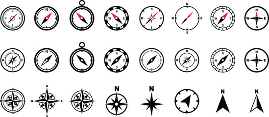 Monochrome navigational compass set with cardinal direction of North, East, West, South. Geographical position, cartography and navigation. Nautical chart isolated on transparent background.