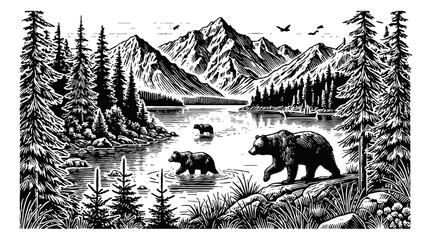 mountain landscape with a lake in the foreground, two bears walking in the water engraving black and white outline