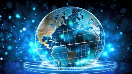 Fototapeta premium Glowing Earth Globe with Digital Network Background and Bright Lights