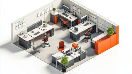 Obraz premium A modern office layout featuring multiple workstations, ergonomic chairs, plants, and a bright, open atmosphere, ideal for productivity and collaboration.