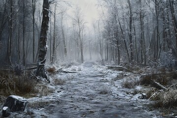 Fototapeta premium Snowy forest path with bare trees and foggy atmosphere.
