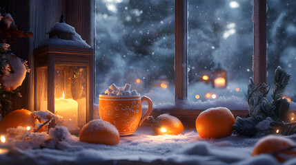 Cozy Winter Window Scene With Hot Chocolate and Oranges