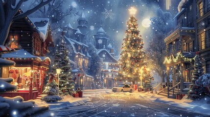 Magical Winter Wonderland with Christmas Trees and Snowfall Scene