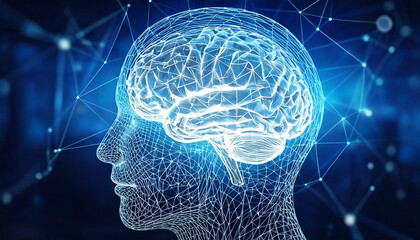 Close-up of Brain illustration with digital connections, symbolizing intelligence and technology, a blurred background.
