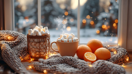 Cozy Winter Window Scene With Hot Cocoa Marshmallows And Oranges