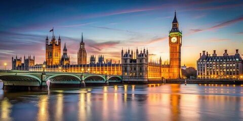 Obraz premium Big Ben and Westminster Bridge illuminating against the evening sky in London , London, Big Ben, Westminster Bridge
