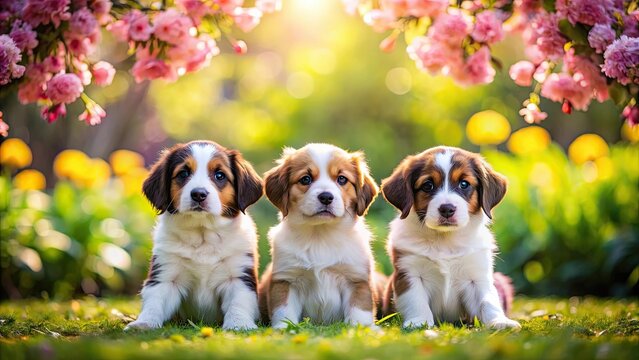 Three adorable puppies sitting in vibrant spring garden , puppies, cute, garden, springtime, colorful, flowers, sunny, playful