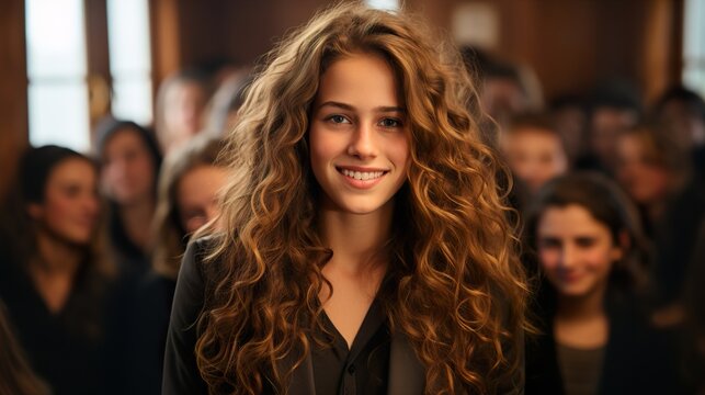 smart motivated young girl and exicted at her school class room  HD 8K wallpaper Stock Photographic Image