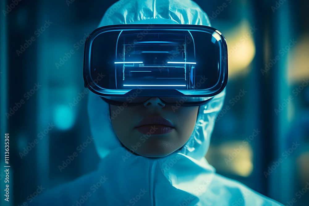 Poster a person wearing a futuristic vr headset in a high-tech environment.