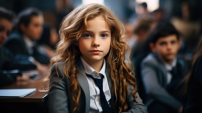 smart motivated young girl and exicted at her school class room  HD 8K wallpaper Stock Photographic Image