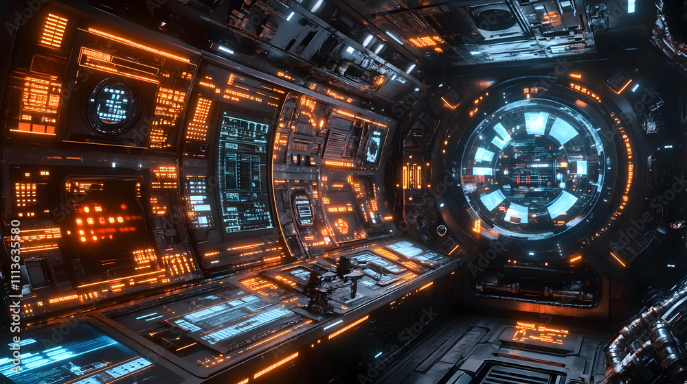 Poster Futuristic control room with glowing interfaces and screens in a sci-fi environment.