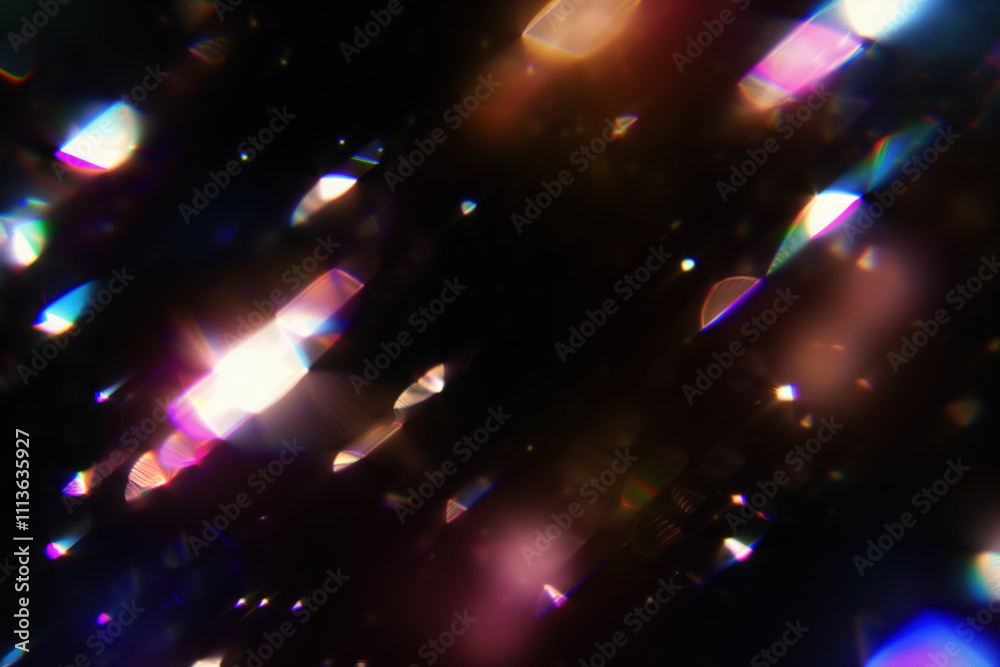 Poster prismatic light leaks with rainbow bokeh on dark background. modern artistic design, abstract techno
