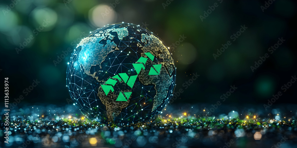 Poster A glowing globe with interconnected lines and green arrows, symbolizing global connectivity.