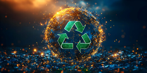 A glowing globe with a green recycling symbol, emphasizing environmental sustainability.