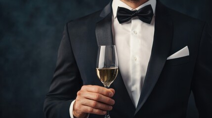 Elegant Man in Tuxedo Holding Champagne Glass Against Dark Background at Formal Event Celebration