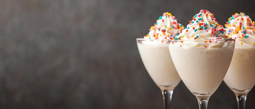 Dessert cocktails topped with whipped cream and sprinkles, Food and drinks for celebration, desserts cocktails