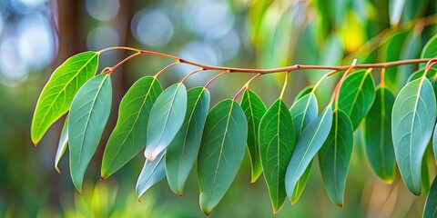 Fototapeta premium Fresh eucalyptus leaves on a tree twig, a green foliage commonly known as gums or eucalypts plant , eucalyptus, leaves, tree, twig