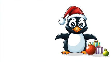 Fototapeta premium Cute Christmas Penguin in Santa Hat with Gifts