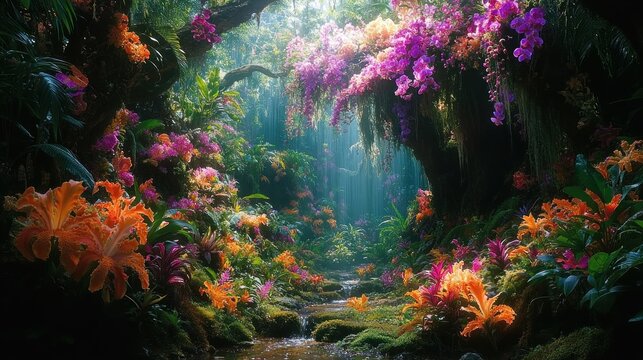 Lush rainforest path with vibrant orchids and stream.