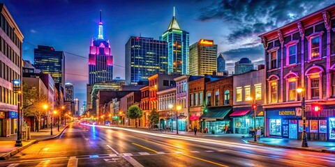 Vibrant and colorful Nashville Broadway at night, showcasing neon lights and bustling nightlife , Nashville