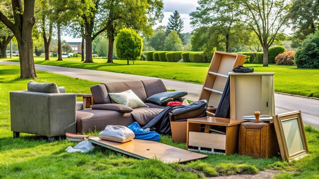 Unwanted furniture and household items placed on nature strip grass for bulky waste collection, bulky waste