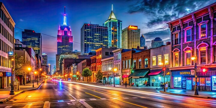 Vibrant and colorful Nashville Broadway at night, showcasing neon lights and bustling nightlife , Nashville